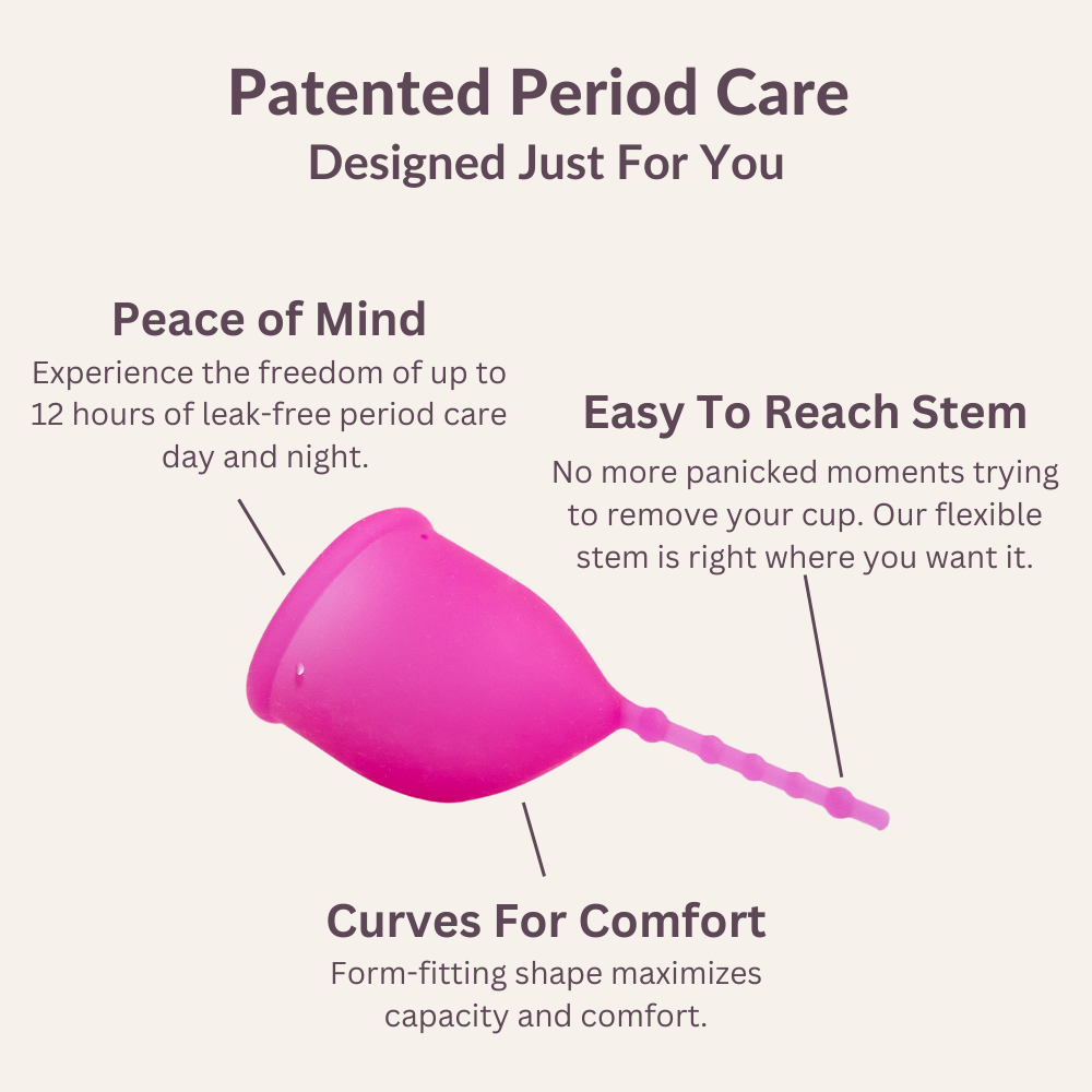 Kind Cup menstrual cup. Patented period care designed just for you. Peace of mind. Experience the freedom of up to 12 hours of leak-free period care day and night. Easy to reach removal stem. No more panicked moments trying to remove your cup. Our flexible stem is right where you want it. Curves for comfort. Form-fitting shape maximizes capacity and comfort. Kind Cup designer and founder C. B. Brown "A better period starts with intentional design."